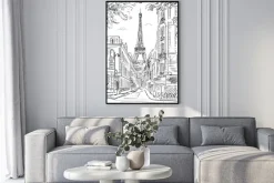 Plakat: Paryska uliczka z wieżą eiffla w tle