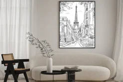 Plakat: Paryska uliczka z wieżą eiffla w tle