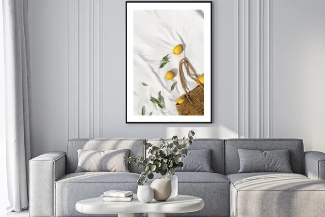 Plakat: Płócienna torba z cytrynami na jasnym tle