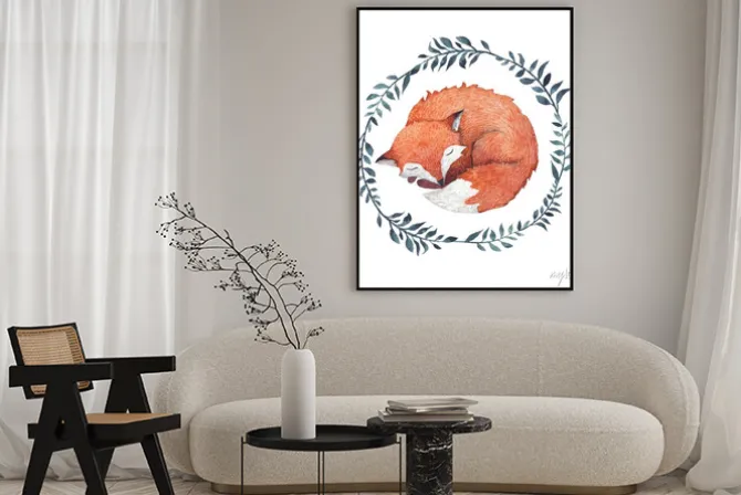 Plakat: Śpiący lisek w wianku liści