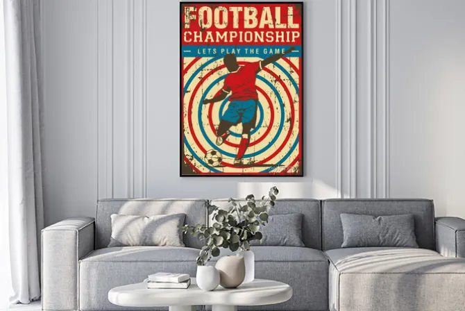 Plakat: Piłkarska grafika retro z zawodnikiem i celownikiem w tle