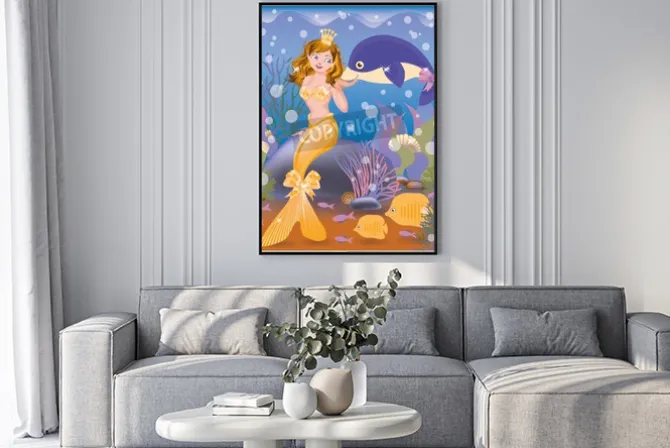 Plakat: Piękne złote syrenka i delfin, ilustracji wektorowych