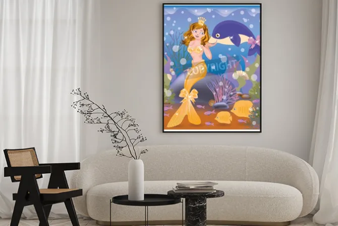 Plakat: Piękne złote syrenka i delfin, ilustracji wektorowych