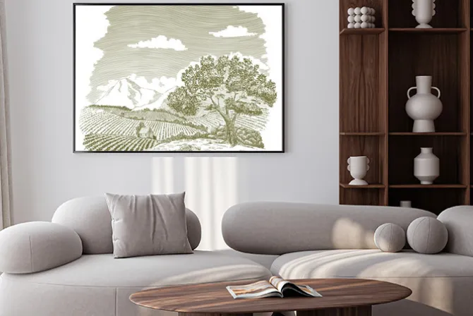 Plakat: Pióro i atrament rysunek dziedzinie hodowli z górami w tle.