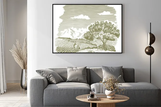 Plakat: Pióro i atrament rysunek dziedzinie hodowli z górami w tle.