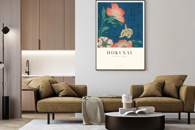 Plakat: Piwonie i kanarki reprodukcja hokusai