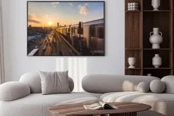 Plakat: Pociąg metra w nowym jorku o zachodzie słońca