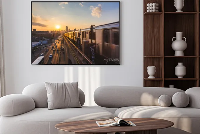 Plakat: Pociąg metra w nowym jorku o zachodzie słońca