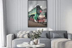 Plakat: Pociąg pasażerski retro pary idzie szybko.