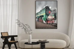 Plakat: Pociąg pasażerski retro pary idzie szybko.