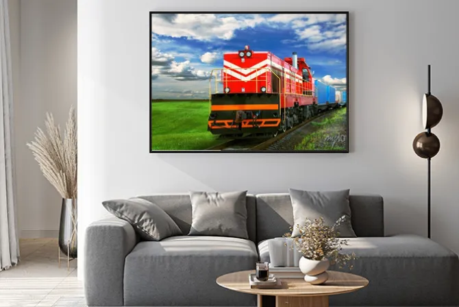 Plakat: Pociąg towarowy na łące