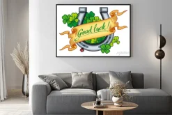 Plakat: Podkowy z koniczyny i wyciągnąć rękę literami