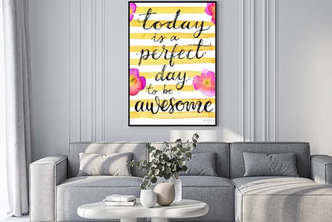 Plakat: Pogodny napis na tle pasków z kwiatami