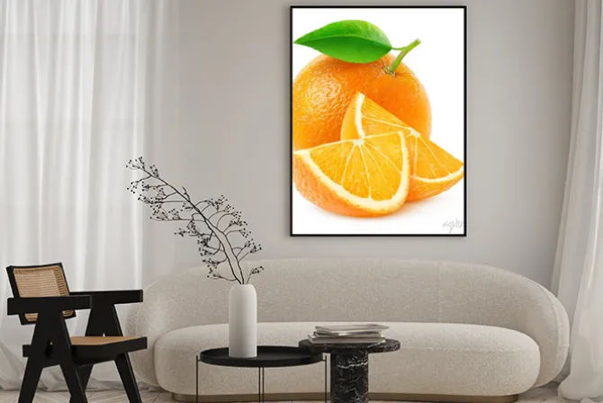 Plakat: Pojedyncze pomarańczowe owoce i plastry