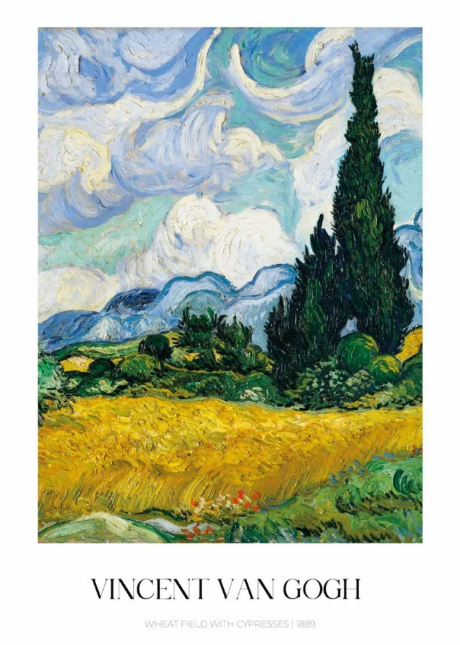 Plakat: Pole pszenicy z cyprysami