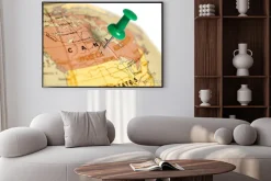 Plakat: Położenie kanada. zielony pin na mapie.