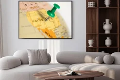 Plakat: Położenie stany zjednoczone. zielony pin na mapie.