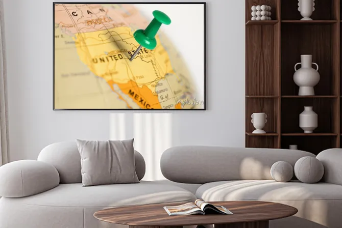 Plakat: Położenie stany zjednoczone. zielony pin na mapie.