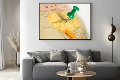 Plakat: Położenie stany zjednoczone. zielony pin na mapie.