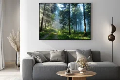 Plakat: Poranny mglisty las w zielonych barwach natury