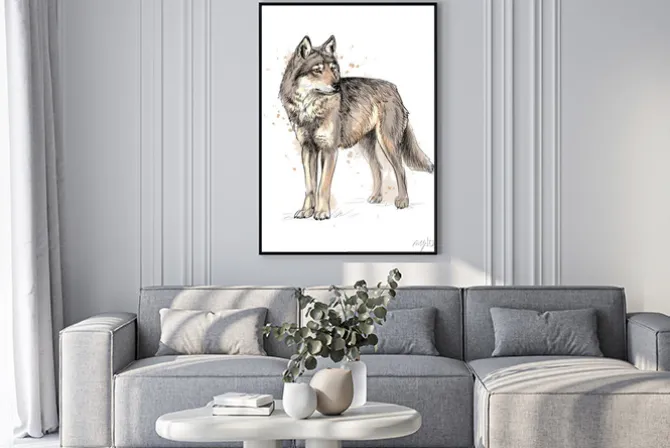 Plakat: Portrait of a wolf from a splash of watercolor, hand drawn