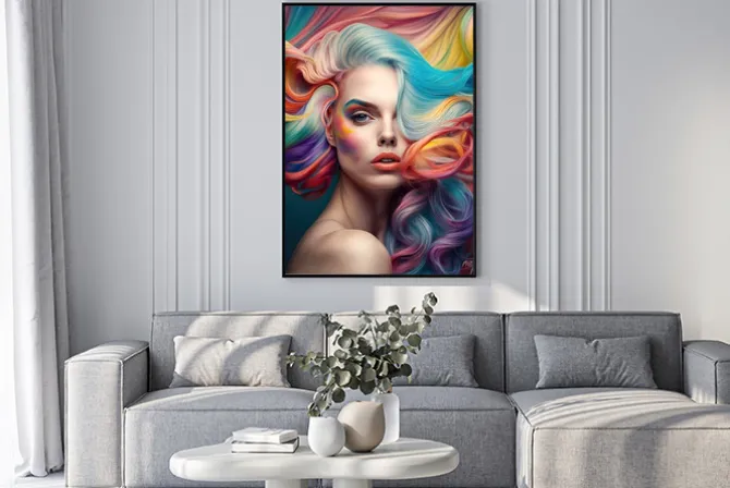 Plakat: Portret kobiety z kolorowymi włosami i makijażem