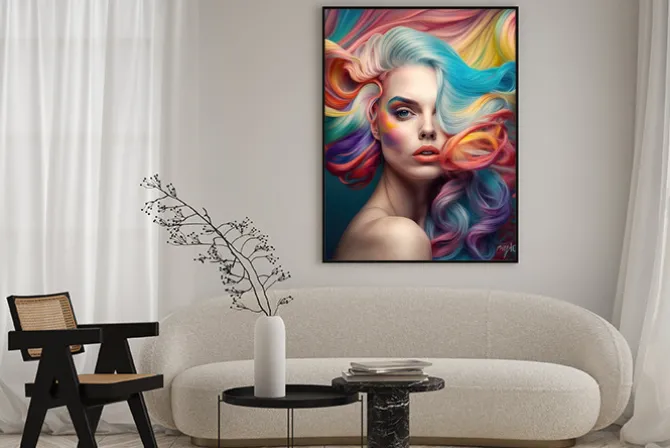 Plakat: Portret kobiety z kolorowymi włosami i makijażem