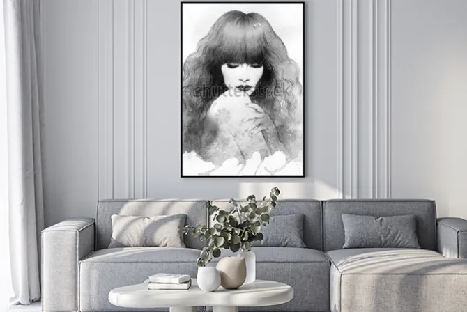 Plakat: Portret kobiety z długimi włosami w wersji monochromatycznej