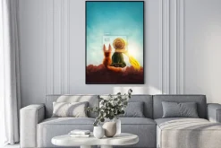 Plakat: Postacie z bajki mały książę patrzące w stronę słońca