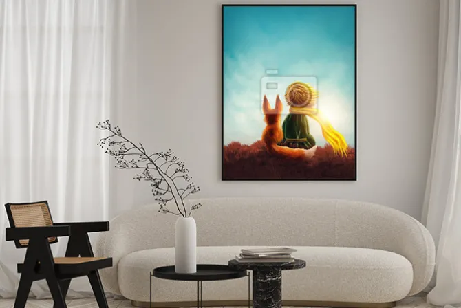 Plakat: Postacie z bajki mały książę patrzące w stronę słońca