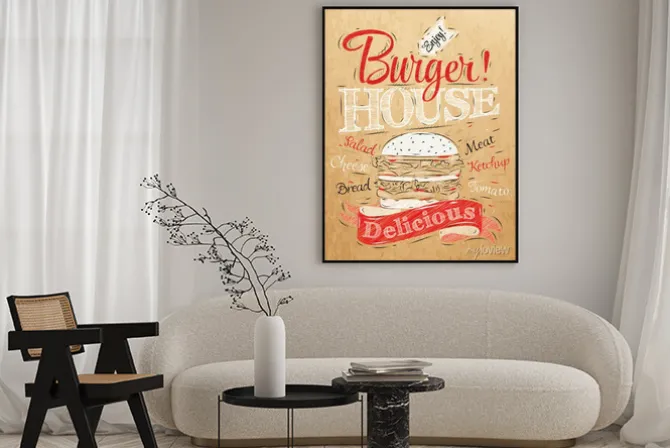 Plakat: Poster napis burger house malowane z hamburgera i inscr