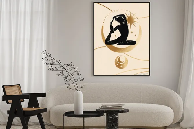 Plakat: Pozycja jogi medytacja na tle z księżycem i gwiazdami