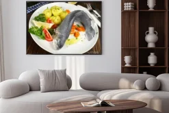 Plakat: Pstrąg niebieski z gotowanymi ziemniakami