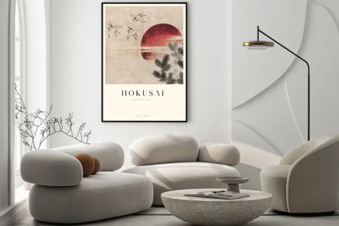 Plakat: Ptaki i zachód słońca reprodukcja hokusai
