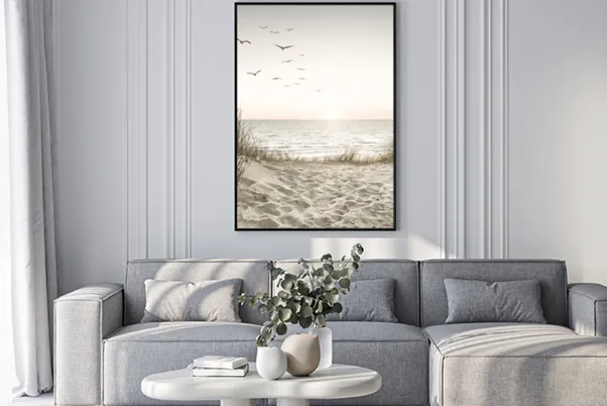 Plakat: Ptaki nad morzem o zachodzie słońca malowniczy krajobraz