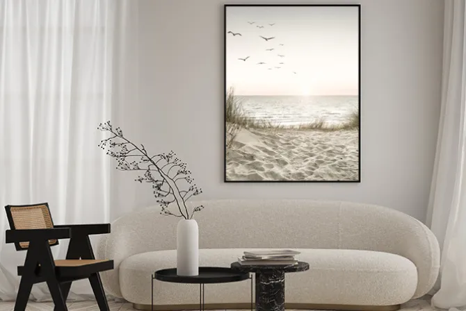 Plakat: Ptaki nad morzem o zachodzie słońca malowniczy krajobraz