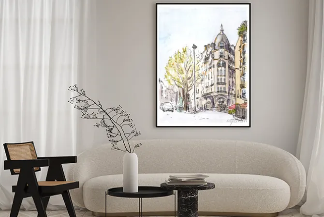 Plakat: Ręcznie malowane kolor szkic paryskiej ulicy