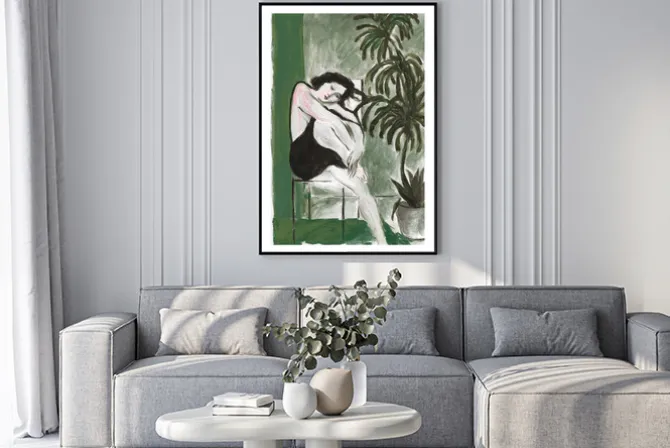 Plakat: Ręcznie malowany motyw kobiety otoczonej zielenią