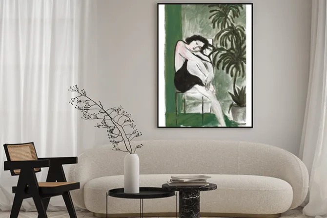 Plakat: Ręcznie malowany motyw kobiety otoczonej zielenią