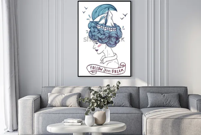 Plakat: Ręcznie rysowane kolorowy portret marzącej młodej pięknej kobiety
