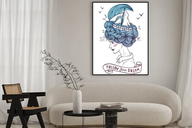 Plakat: Ręcznie rysowane kolorowy portret marzącej młodej pięknej kobiety