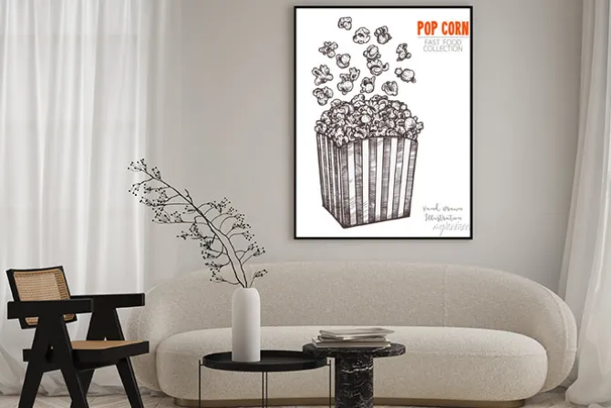 Plakat: Ręcznie rysowane szkic popcorn, kino przekąska w wygrawerowanym