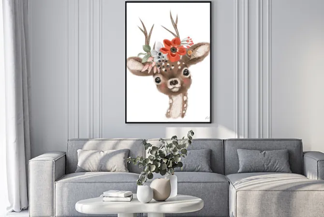 Plakat: Ręcznie rysowany jelonek w kwiatach