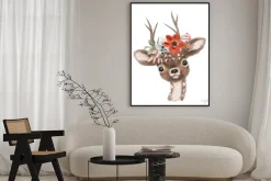 Plakat: Ręcznie rysowany jelonek w kwiatach