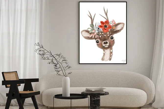 Plakat: Ręcznie rysowany jelonek w kwiatach