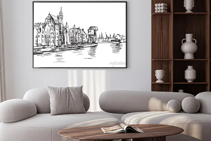 Plakat: Ręcznie rysowany widok motławy w gdańsku