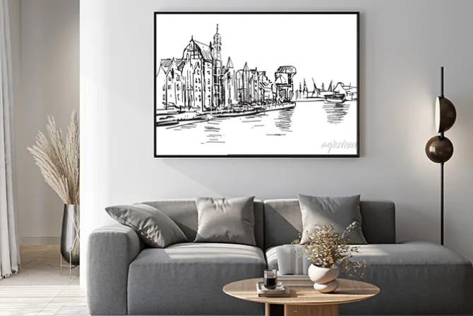 Plakat: Ręcznie rysowany widok motławy w gdańsku