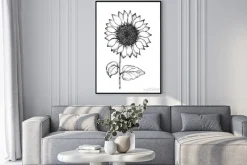 Plakat: Retro black outline ink pen sketch of sunflower. hand drawn illustration