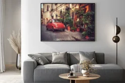 Plakat: Retro czerwone auto włoski pejzaż