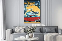 Plakat: Retro czerwony samochód na drodze startowej pop art retro stylu